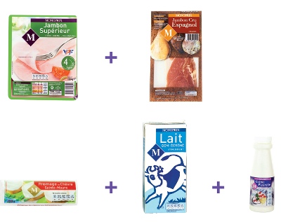• 4 tranches de jambon blanc supérieur - 180 g - 1,90 €
• 4 tranches de jambon cru espagnol - 100 g - 2,20 €
• 200 g de fromage de Chèvre Sainte-Maure - 200 g - 1,49 €
• 30 cl de lait demi-écrémé - 1 L - 0,80 €
• 25 cl de crème fleurette - 25 cl - 0,78€