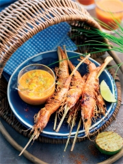 Recette Brochettes de gambas grillées et crème à la mangue