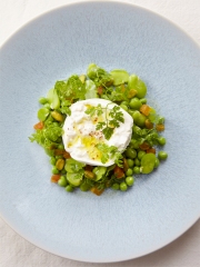 Burrata di Bufala, salade de petits pois et fèves aux abricots secs
Photo : © Lukam