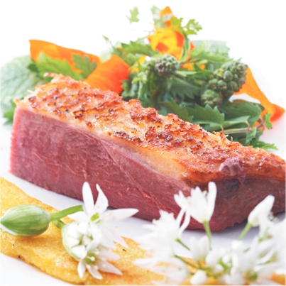 Canette Rôtie, Griesknepfles (Polenta) aux Boutons d'Ail des Ours, Salade d'Herbes et Fleurs de la Nature
Photo : © CICAR