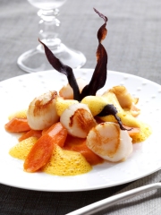 Assortiment de Carottes Glacées, Ecume de Carottes au Gingembre, et sa Poêlée de Noix de Saint-Jacques