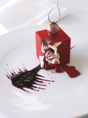 Cube Chocolat au Confit de Pétales de Rose, sorbet Framboise
Photo : © Monoprix