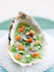 Huîtres plates, concombre, marjolaine