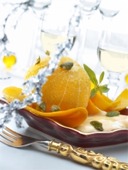 Oranges pelées confites, crème au Beaufort
Photo : © Atelier Sylvain Madelon