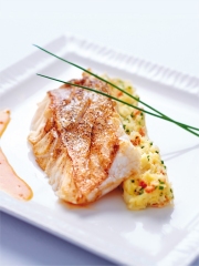 Pavé de Cabillaud rôti sur la peau, Brandade, Sauce Chorizo
Photo : © Grand Hôtel des Thermes de St-Malo