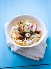 Ris de veau et linguines crémeuses aux champignons
Photo : © INTERBEV / Produits Tripiers / Amélie Roche