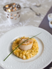 Risotto crémeux de potiron et fromage « l'Ortolan », noix de Saint-Jacques poêlées à l'huile de noisette
Photo : © Paysange