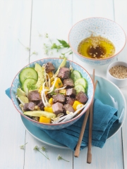 Salade exotique au magret de canard Montfort mariné au gingembre et citron vert
Photo : © Montfort