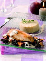 Suprêmes de pintade au Champagne et petits champignons
Photo : © C. Iwanon / Stylisme  D. Gustin pour CIP