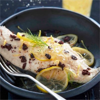 Bar en papillote et miettes de boudin à la Marmelade de Citron