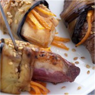 Bouchées de poulet des Landes, de magrets de canard et boeuf de Chalosse roulées aux aubergines grillées