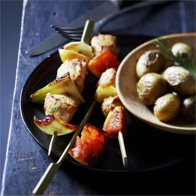 Brochette de veau et légumes de l'été saisis à la plancha