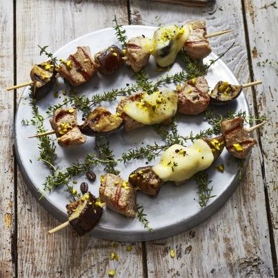 Brochettes de veau et d'aubergine au thym et au café