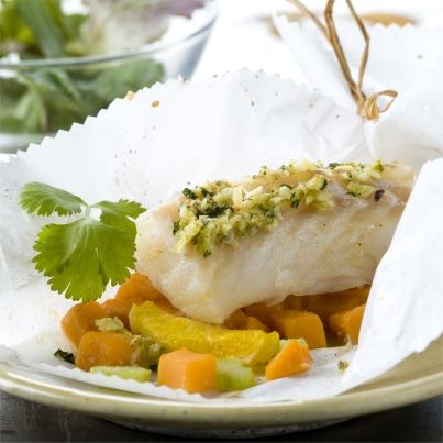 Papillote de cabillaud, gingembre, agrumes et patate douce