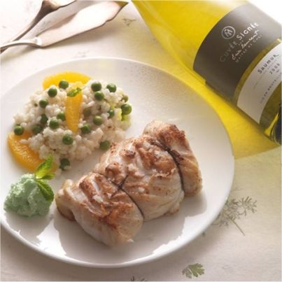Rôti de Cabillaud, risotto à l'orange et petits pois primeurs, chantilly mentholée