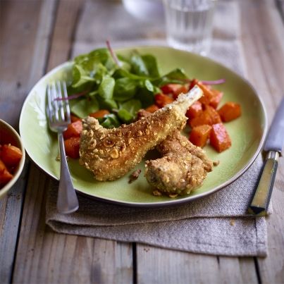Côtes d'agneau panées aux noisettes et potiron rôti au sirop d'érable