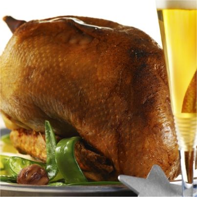 Oie rôtie, réduction de sauce à la bière