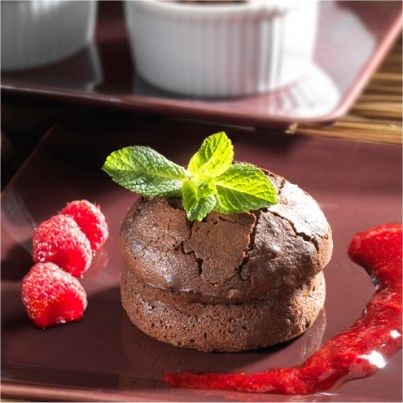 Fondant au chocolat et son coulis de framboises