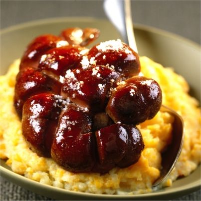 Rognons de génisse caramélisés et purée à l'huile d'olive et beurre demi-sel
