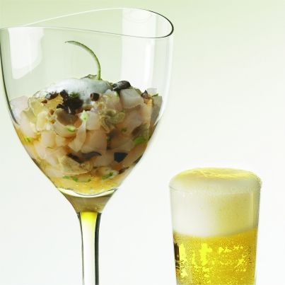 Tartare de Saint-Pierre et huîtres, gelée de bière de Printemps