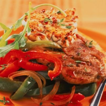 Tête de veau poêlée vinaigrette, poivrons doux confits au vinaigre de Banyuls