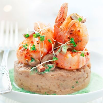 Langoustines, purée de châtaignes et crème de verdure