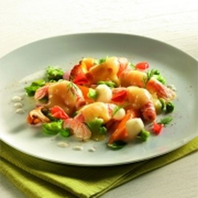 Langoustines aux légumes de couleur, kéfir d'épices et tranches fondues d'Emmentaler AOC suisse