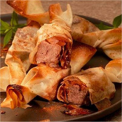 Dés de langue de bœuf et échalotes confites en feuille de brick