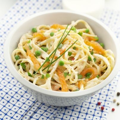 Linguine au saumon fumé et petits pois