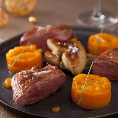 Magret de Canard et Foie Gras poêlé Vichy Célestin, variation de Courge Butternut