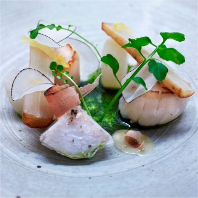Noix de coquilles Saint-Jacques poêlées, huile de Shiso et Yuzu