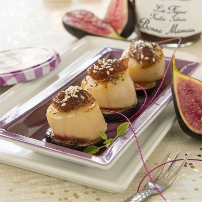 Noix de Saint-Jacques déglacées au coulis de Fruitée Intense Figue Bonne Maman® et vinaigre balsamique