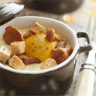 Œuf cocotte forestier et ses dés de foie gras