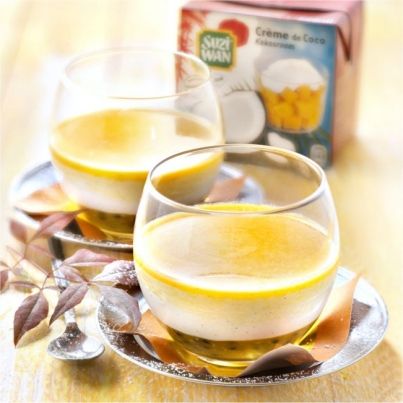 Panna cotta coco vanille, gelée et coulis passion
