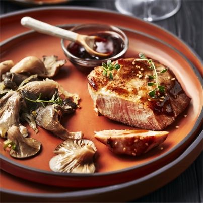 Pavés de Veau Sauce Teriyaki, Pleurotes et Endives Braisées