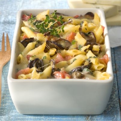 Penne aux aubergines gratinées au Morbier