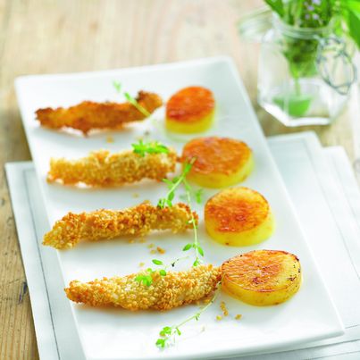 Pommes de terre « Palet d'or » et goujonnette de sole au sésame