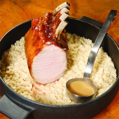 Carré de porc au caramel de coco et risotto