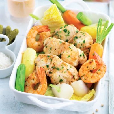 Pot au feu de lotte et crevettes