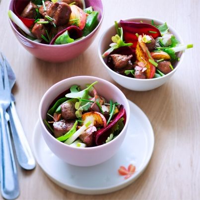 Salade tiède au foie de veau laqué au miel