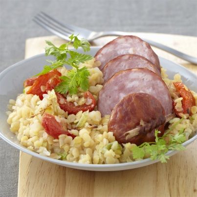 Saucisse de Morteau et Lentilles Corail aux Tomates Confites