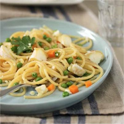 Spaghettis au Chavignol et aux petits légumes