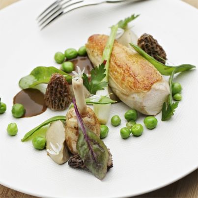 Suprêmes de Poulet d'Auvergne pochés, légumes de printemps et morilles