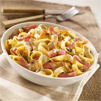 Tagliatelles au bacon, champignons, sauce aux petits oignons