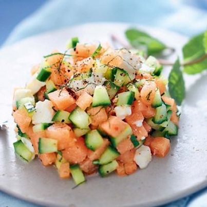 Tartare de melon charentais jaune, feta, concombre et menthe