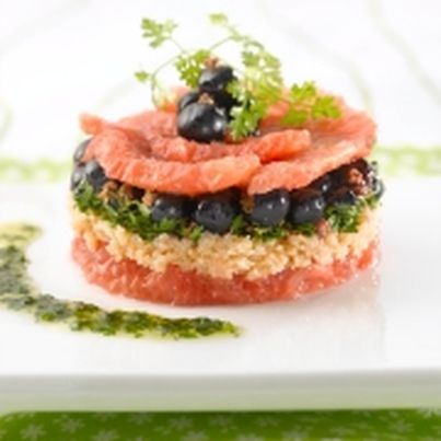 Tian de crabe, cassis, pamplemousse et cerfeuil