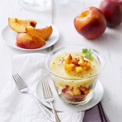 Verrine d'Effiloché de Canard aux Nectarines de nos Régions et Purée de Pommes de Terre et Panais