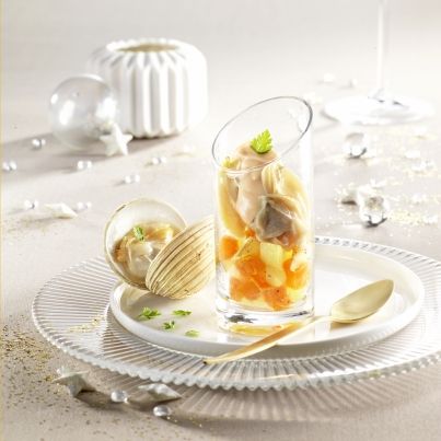 Verrine de praires, pommes de terre et potiron, mayonnaise légère à l'huile de homard