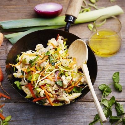 Wok de poulet sauté au soja, Poireaux de Normandie et ses carottes